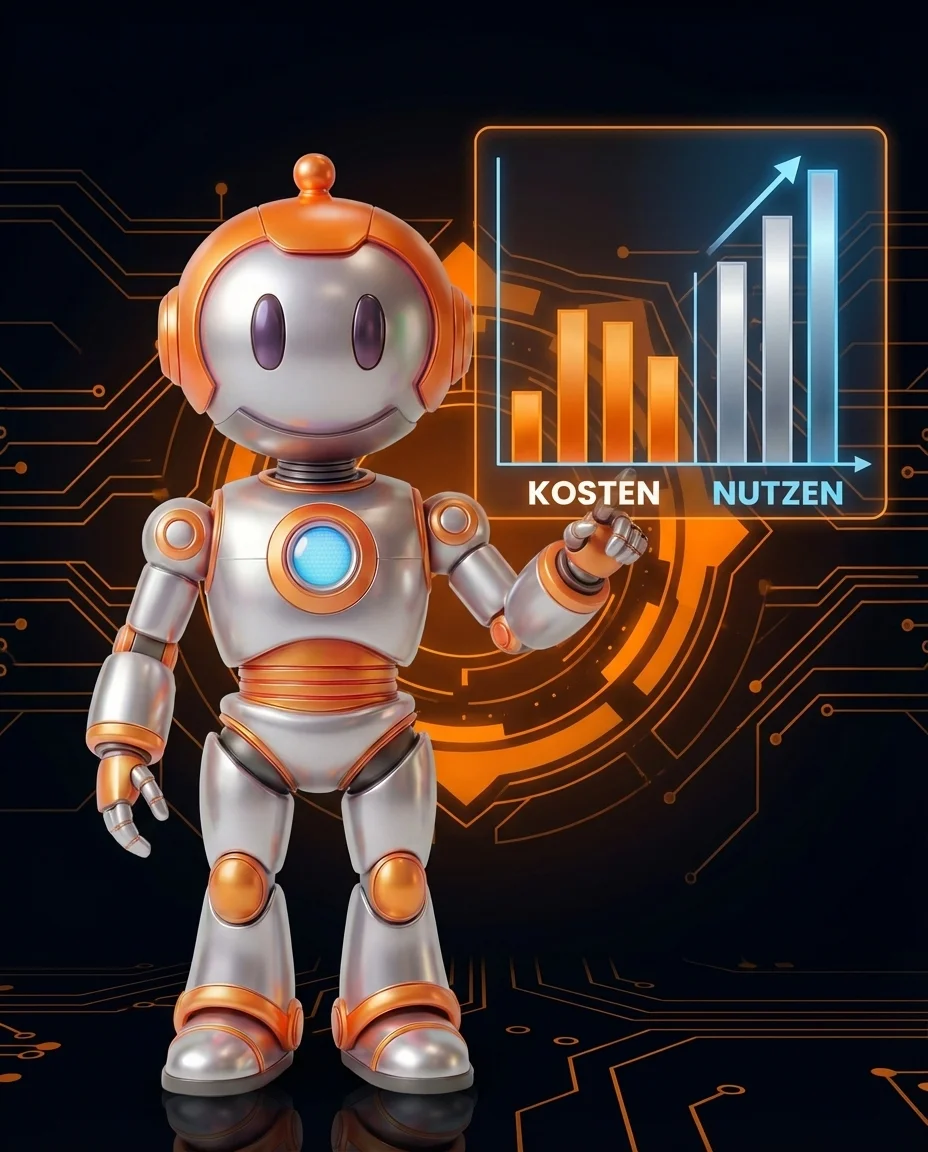 Robot zeigt auf Balkendiagramm mit Kosten-Nutzen-Gegenüberstellung