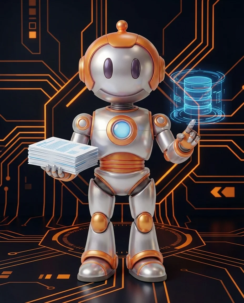 Robot hält Datenbankserver mit Balkendiagramm und Abteilungsbezeichnungen als Kostenstellen