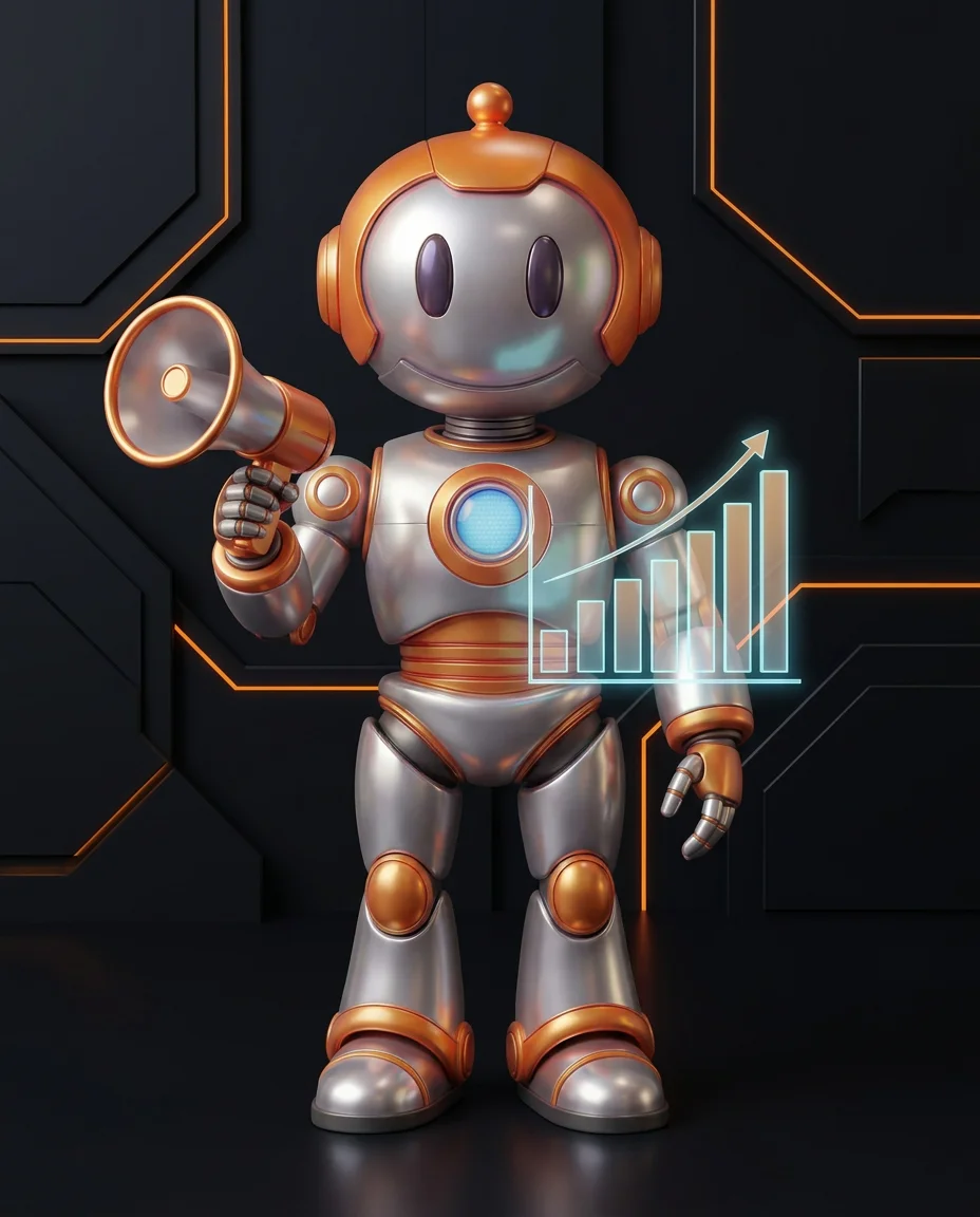 Robot zeigt auf ein KPI-Dashboard mit Marketing-Kennzahlen in Echtzeit