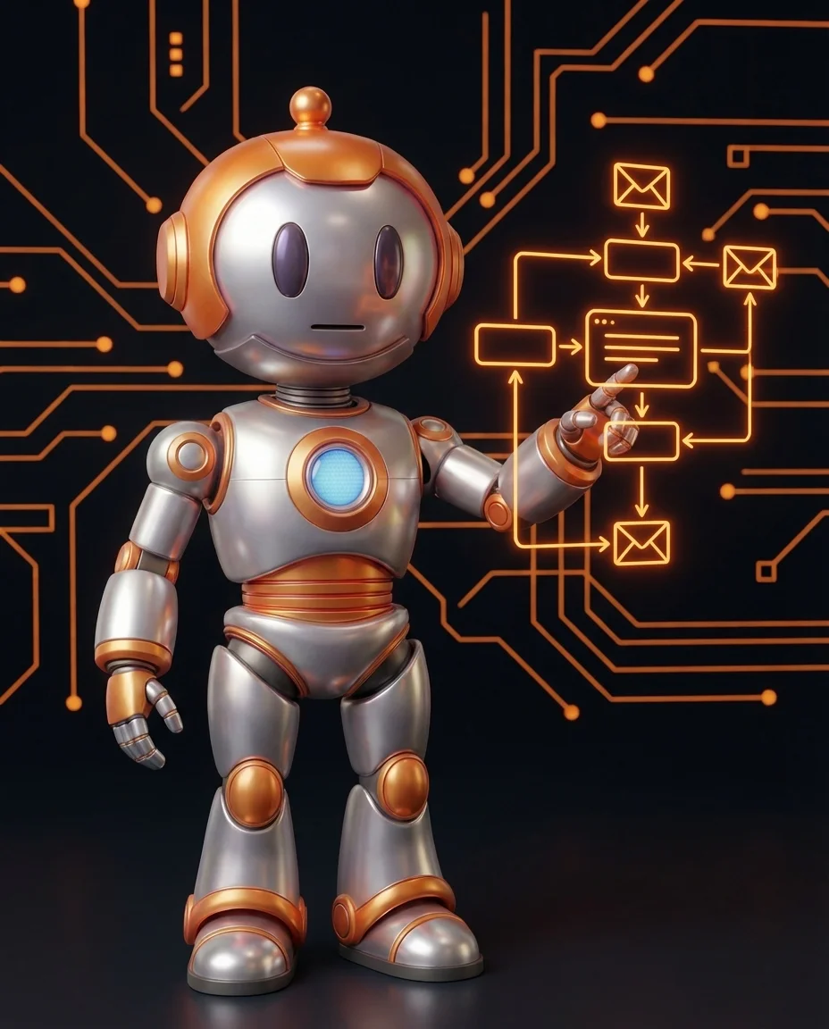 Roboter koordiniert automatischen Kunden-Onboarding-Prozess mit Workflow-Diagramm