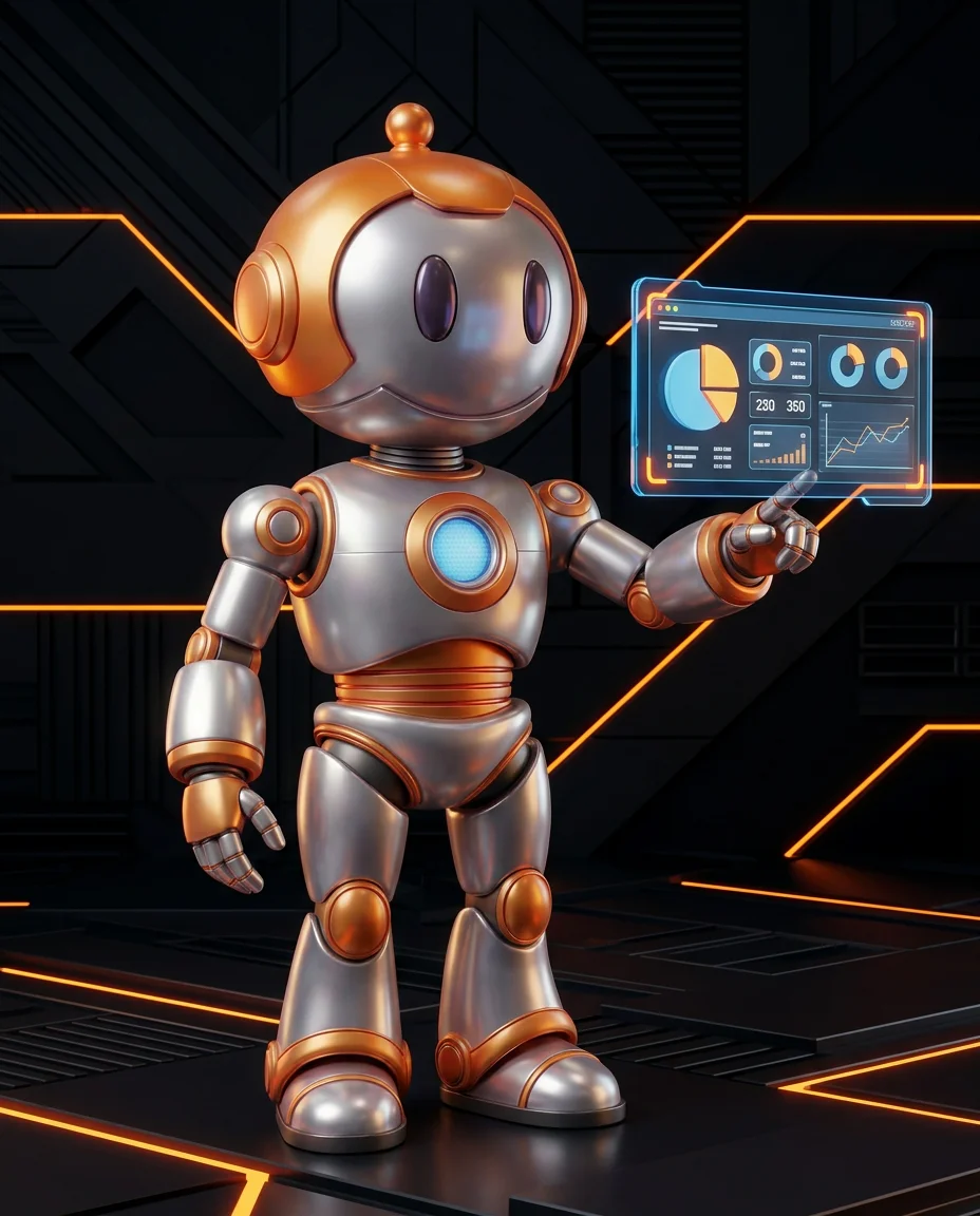 Robot zeigt auf Kreislaufdiagramm mit verschiedenen Kundenphasen von Entdeckung bis Stammkunde