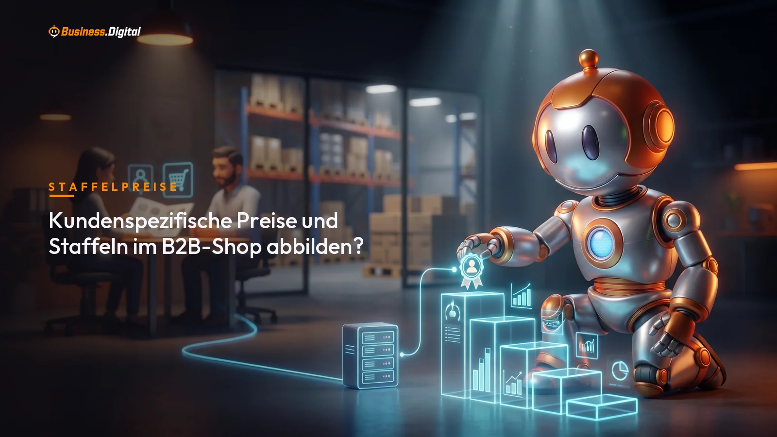 Roboter zeigt kundenspezifische Staffelpreise als Hologramm-Treppe im B2B-Großhandel
