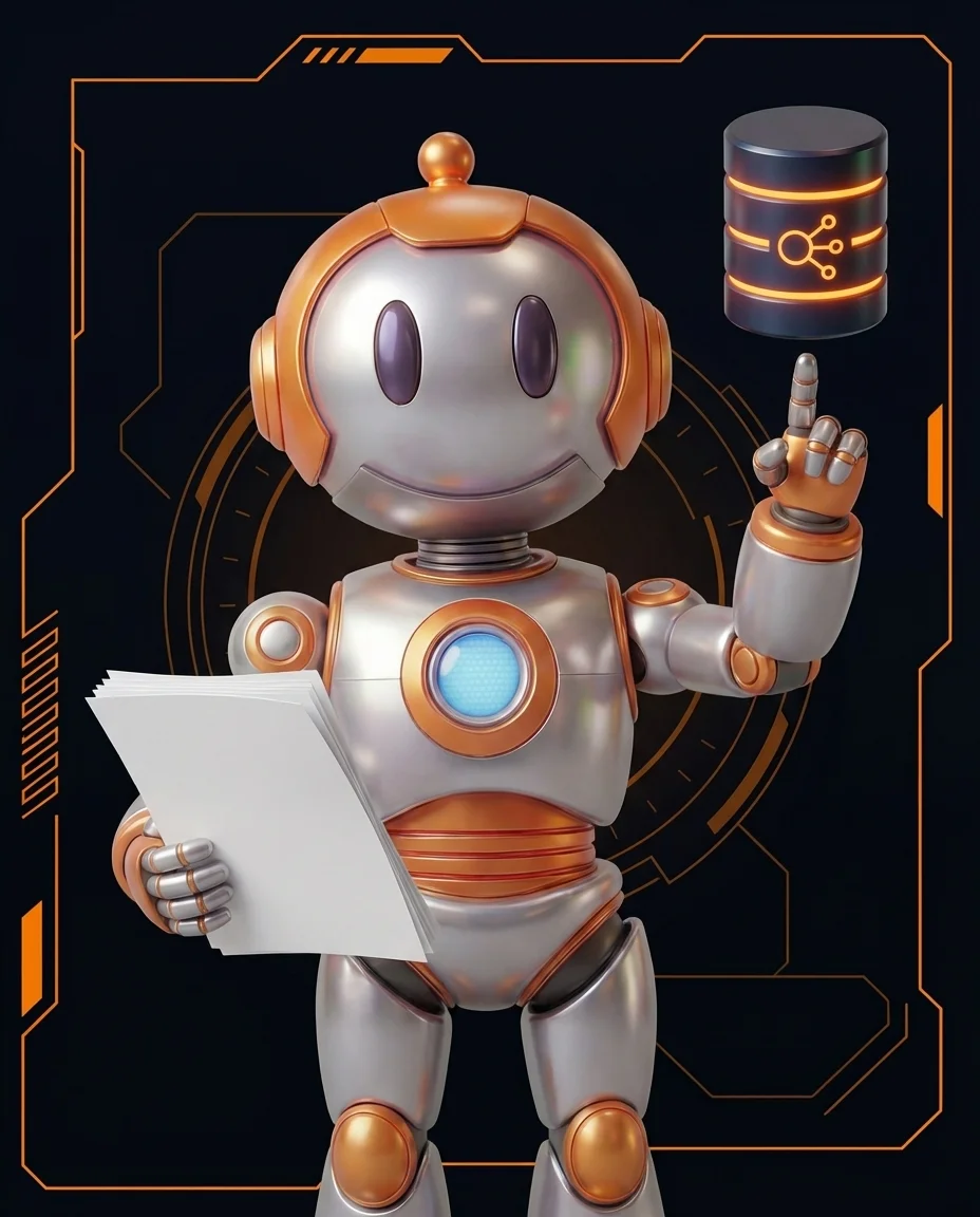 Robot hält Datenbankserver mit Minuspfeil und Dokumentensymbol als Lagerabgang