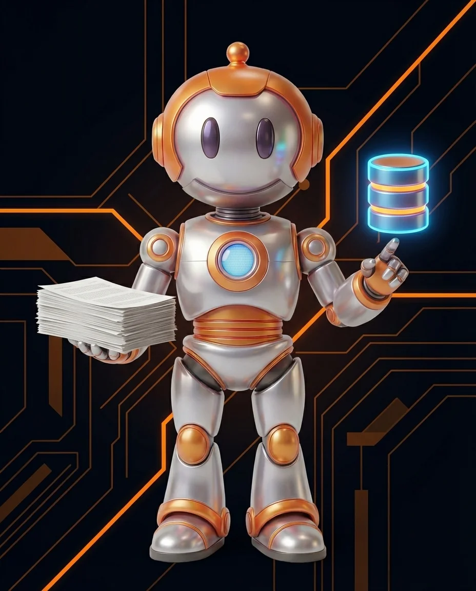 Robot zeigt auf Regalstruktur mit Beschriftungen und Lagerplatzzuweisungen