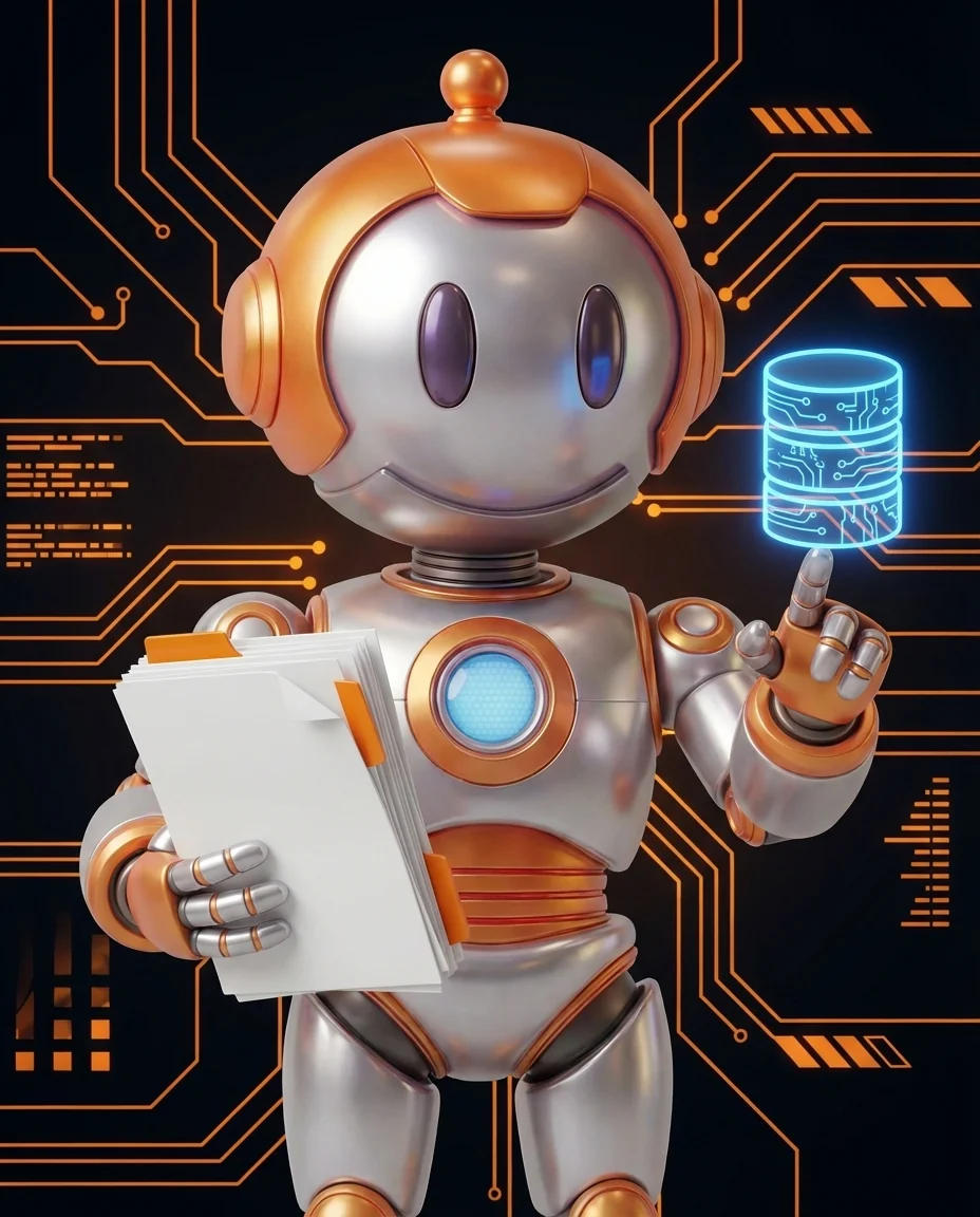 Robot hält Datenbankserver mit Kreislaufpfeil und Umschlagskennzahl als Diagramm