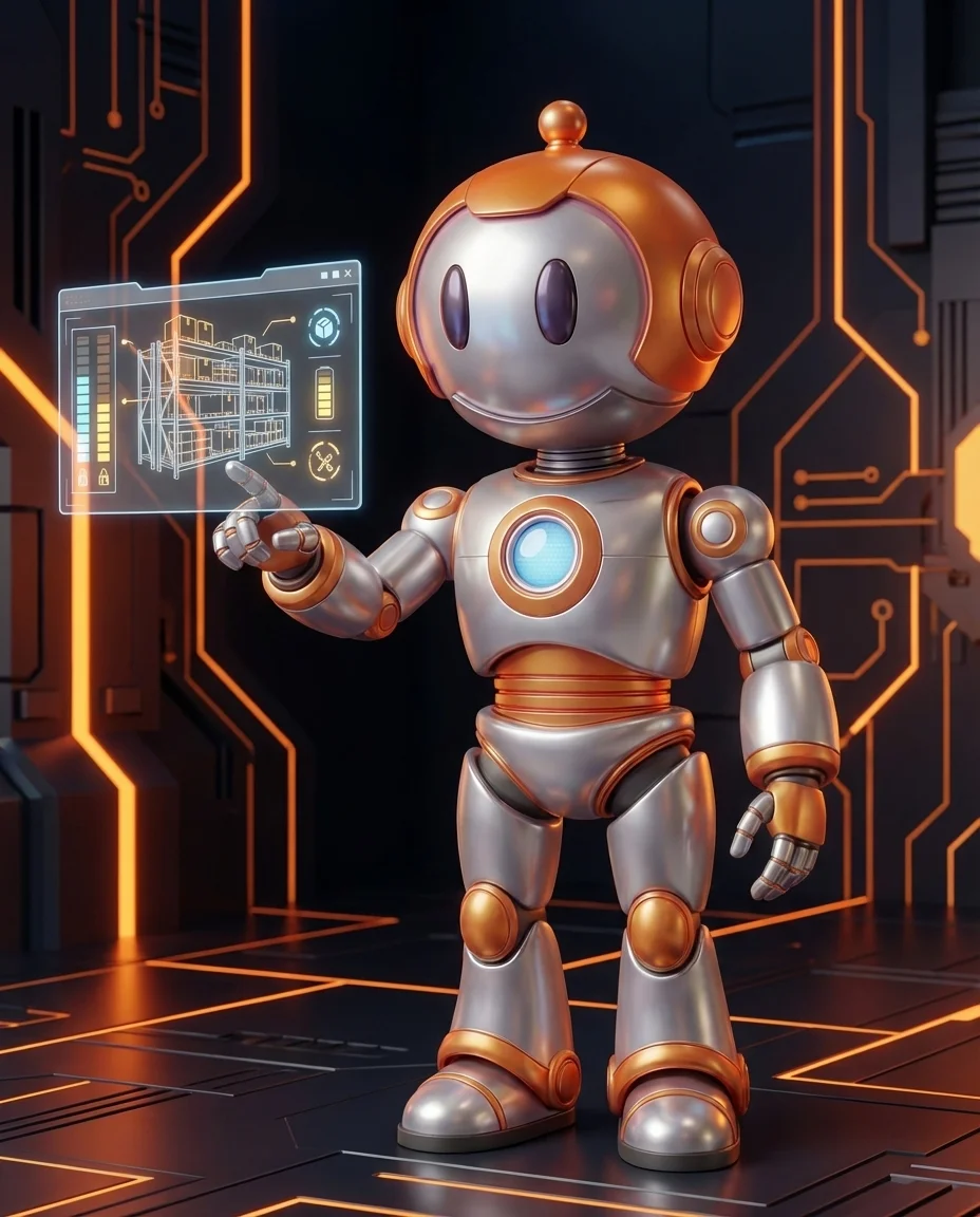 Roboter optimiert Lagerverwaltung mit ERP-System und Bestandsdiagramm