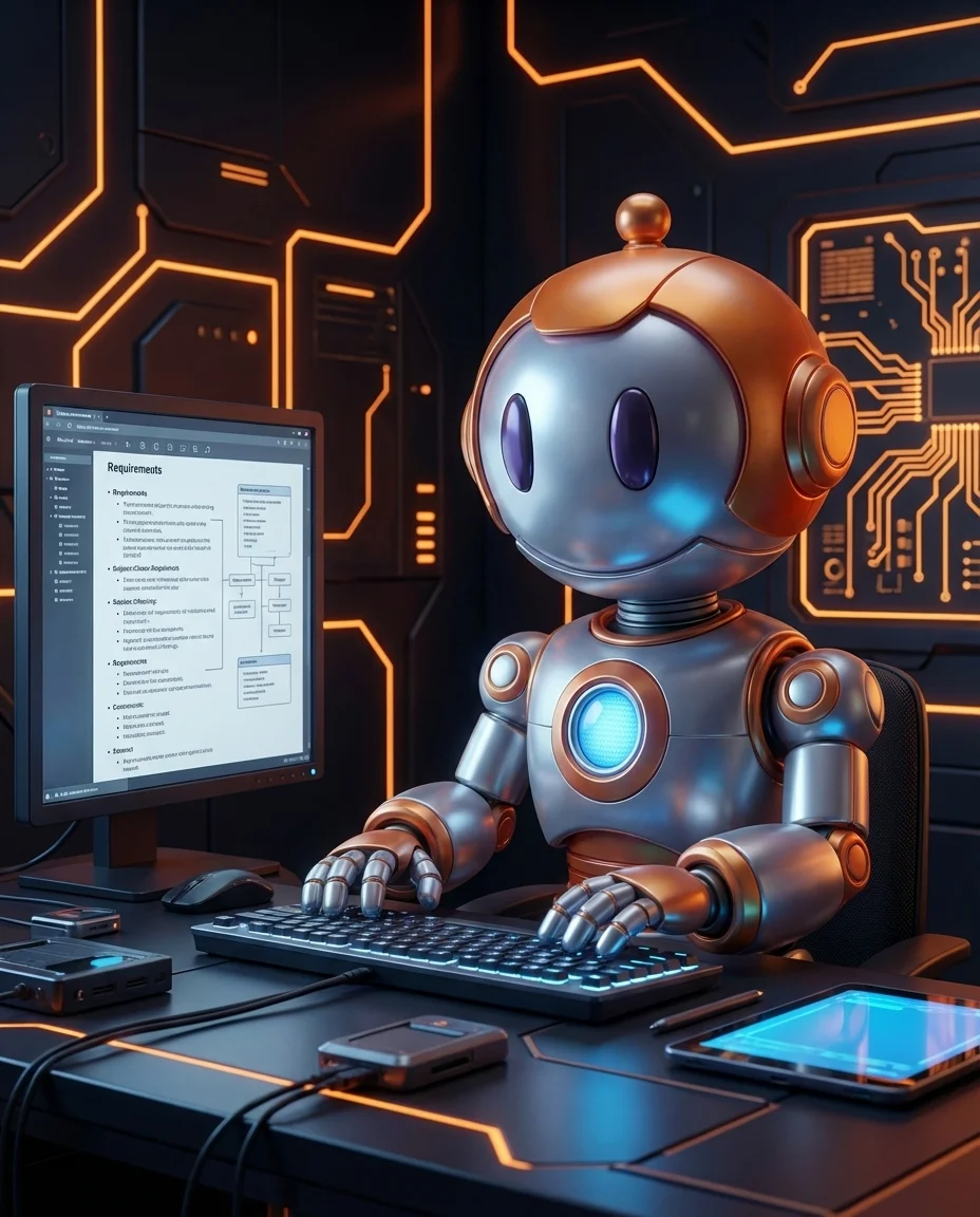 Robot sitzt an Schreibtisch und erstellt Lastenheft mit Projektanforderungen