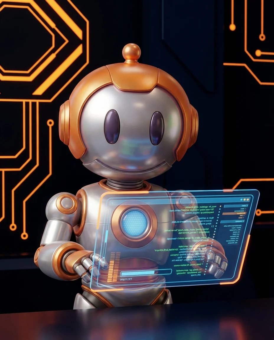 Robot hält Balkendiagramm mit Millisekunden-Vergleichswerten verschiedener Systeme