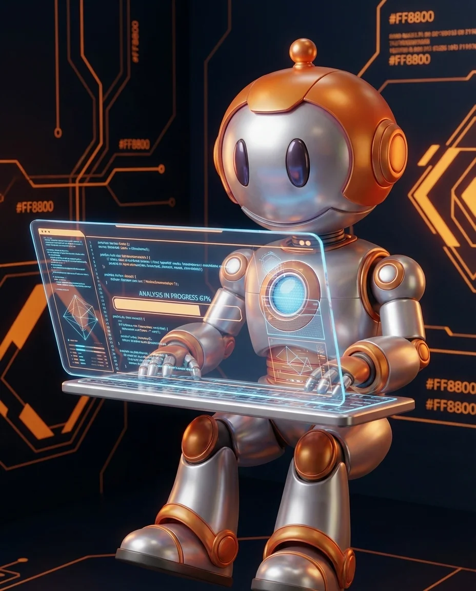 Robot tippt auf Tastatur mit Stoppuhr und Zeitbalken als Latenzmessung