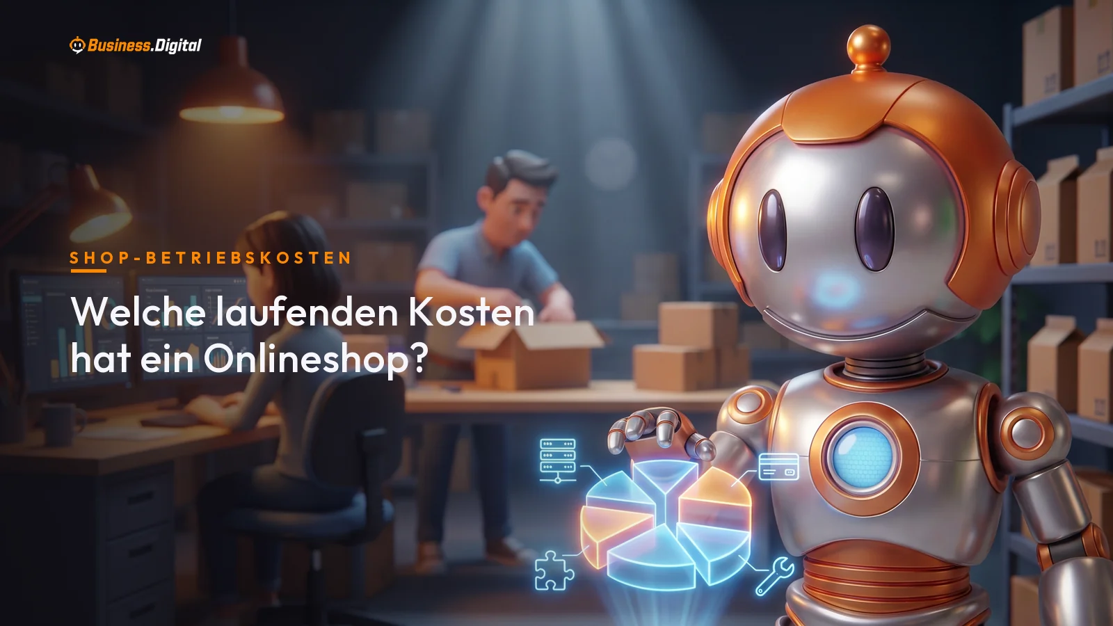 Roboter zeigt die laufenden Kosten eines Onlineshops als Hologramm-Diagramm im Shop-Büro
