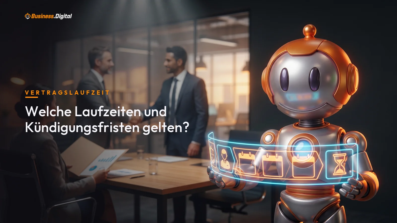 Roboter zeigt Laufzeiten und Kündigungsfristen als Hologramm-Zeitstrahl im Besprechungsraum