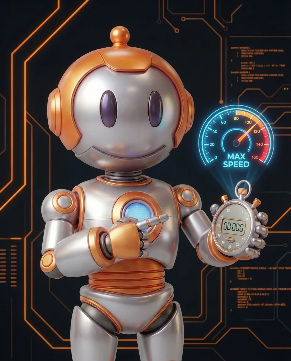 Robot hält Stoppuhr und zeigt auf schnell ladende Website