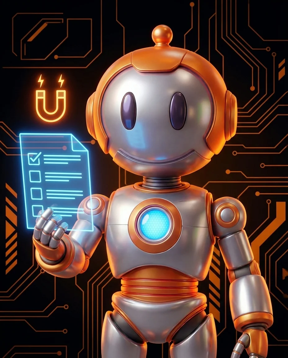 Roboter hält Checkliste als Lead Magnet für B2B Lead-Generierung