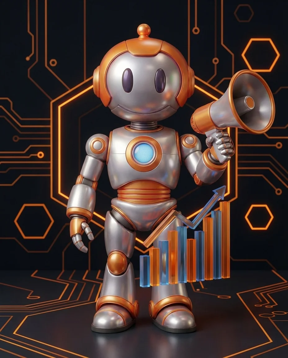 Robot hält Briefumschlag und symbolisiert einen generierten Lead für das Marketing