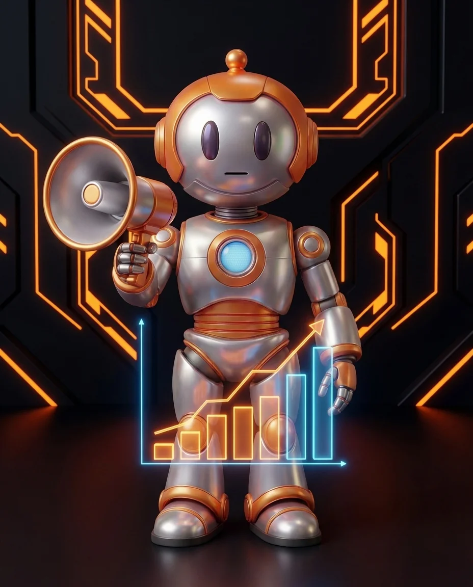 Robot zeigt auf ein Balkendiagramm mit Lead Scoring Punkten