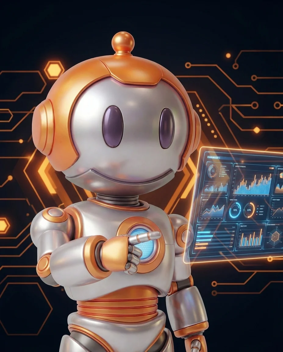 Robot zeigt auf einen Text mit markierten Leseflussstörungen