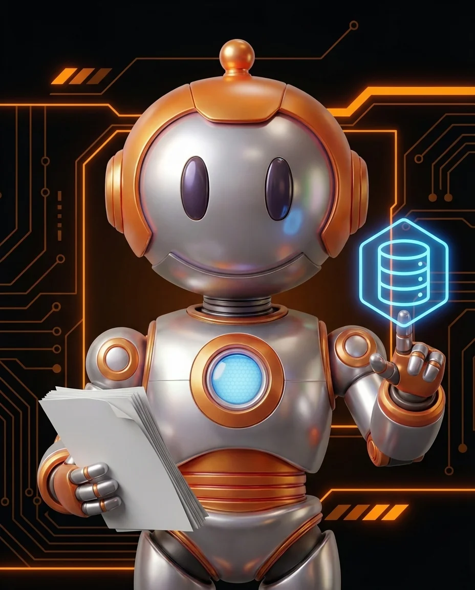 Robot hält Stapel von Dokumenten mit Lieferschein als oberstem Blatt