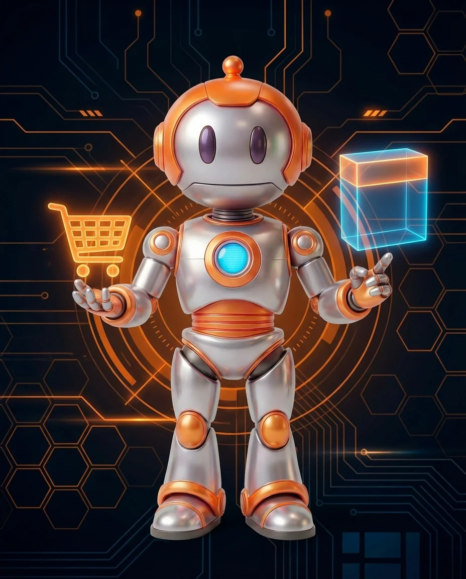 Robot hält Paket mit Kalender-Symbol und konkretem Lieferdatum