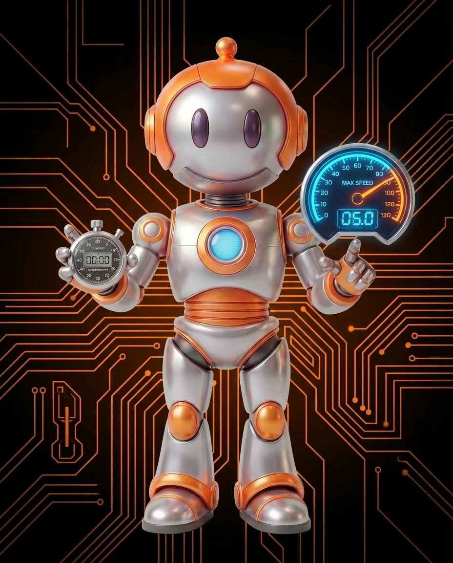 Robot hält Stoppuhr und zeigt auf Balkendiagramm mit Lighthouse-Scores