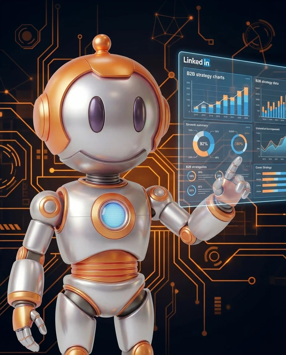 Roboter präsentiert LinkedIn B2B Marketing Strategie auf großem Bildschirm