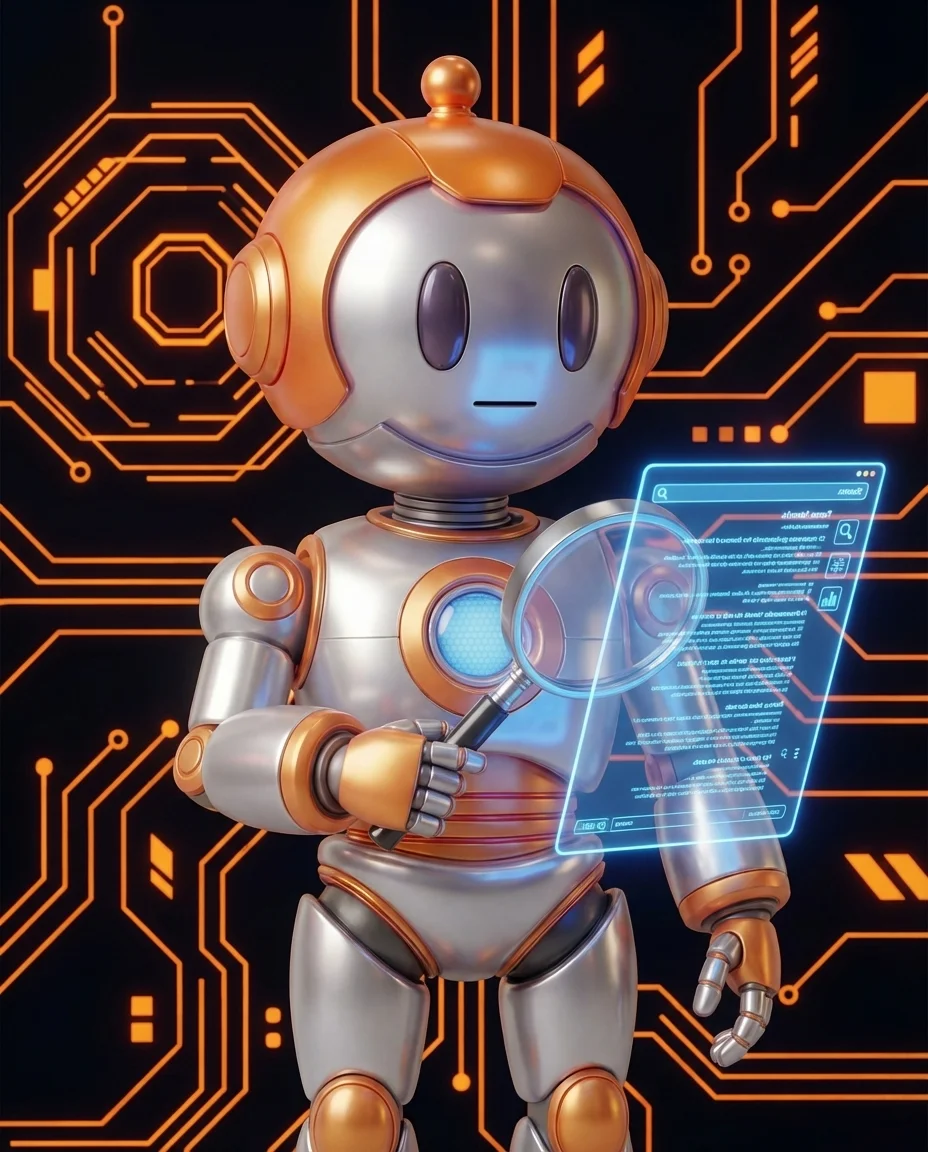 Robot zeigt auf Fluss-Diagramm mit fließender Stärke zwischen verlinkten Seiten