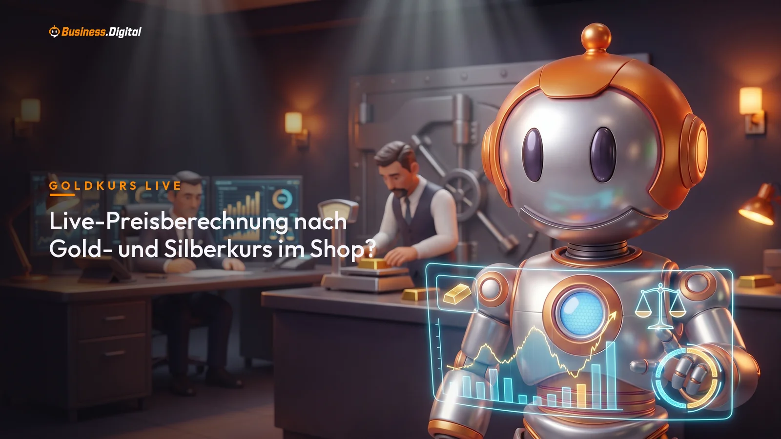 Roboter verfolgt die Live-Preisberechnung nach Goldkurs als Hologramm im Edelmetallhandel