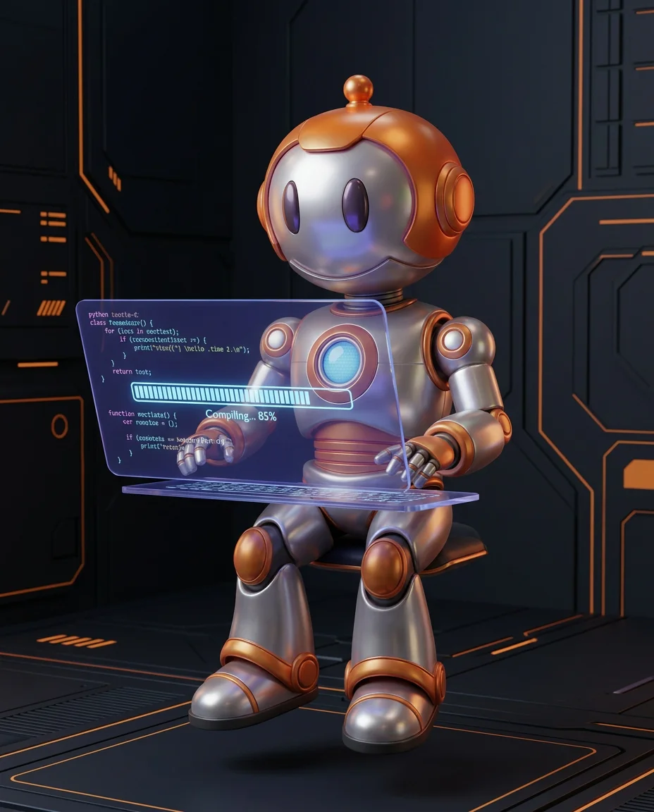 Robot hält Balken-Symbol mit gleichmäßig verteilten Pfeilen auf mehrere Server