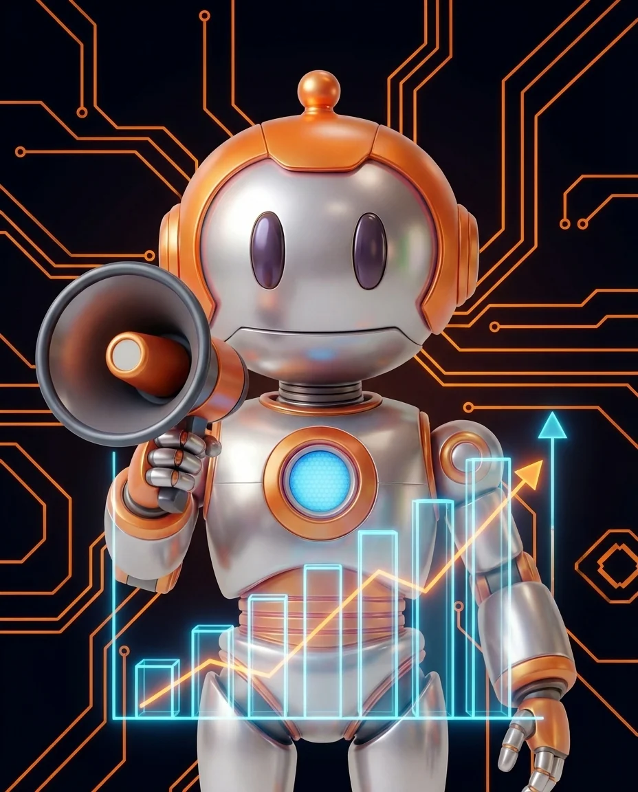 Robot zeigt auf ein Zielgruppen-Diagramm mit Lookalike Audience Segmenten