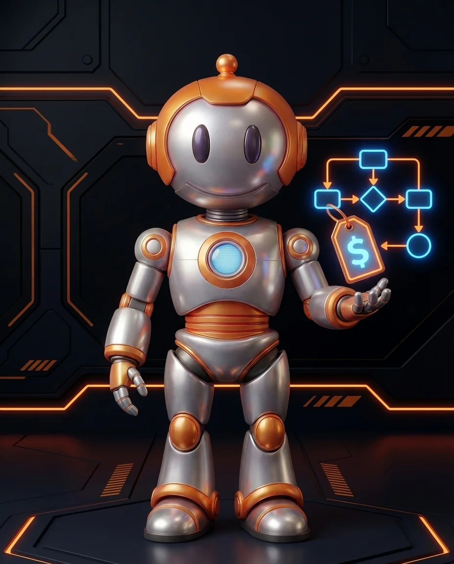 Roboter hält Preisschild neben Make-Szenario mit Kosten-Übersicht