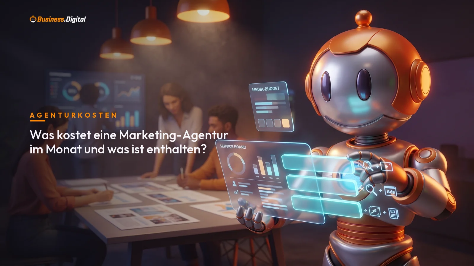 Roboter zeigt monatliche Kosten einer Marketing-Agentur als Hologramm-Pakete im Agenturbüro
