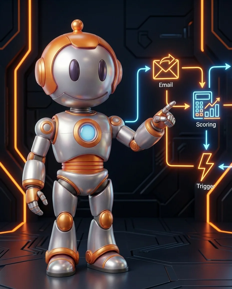 Robot zeigt auf automatisierte Marketing-Workflows in einem Diagramm