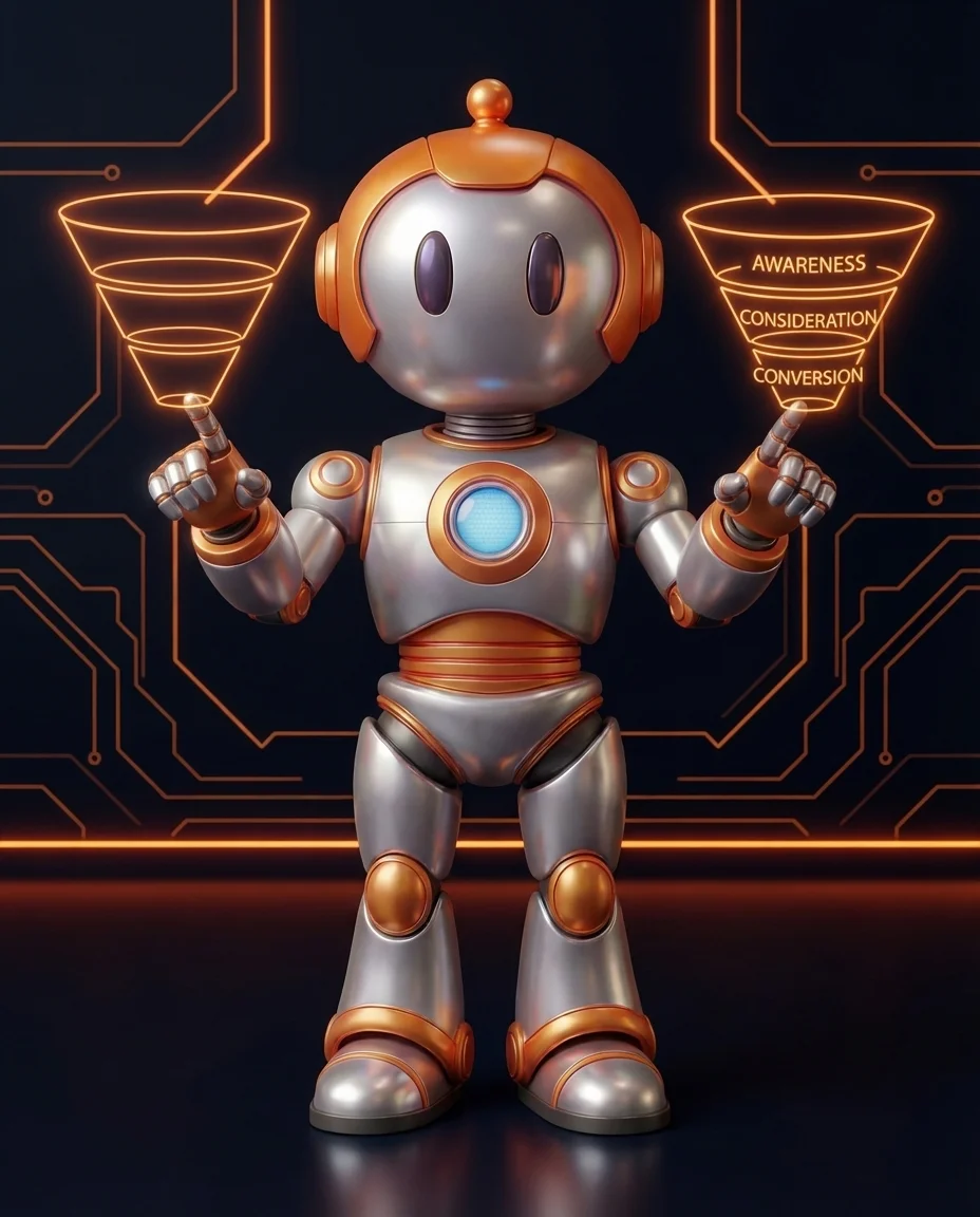 Robot zeigt auf ein Trichterdiagramm mit den Funnel-Stufen Awareness bis Action