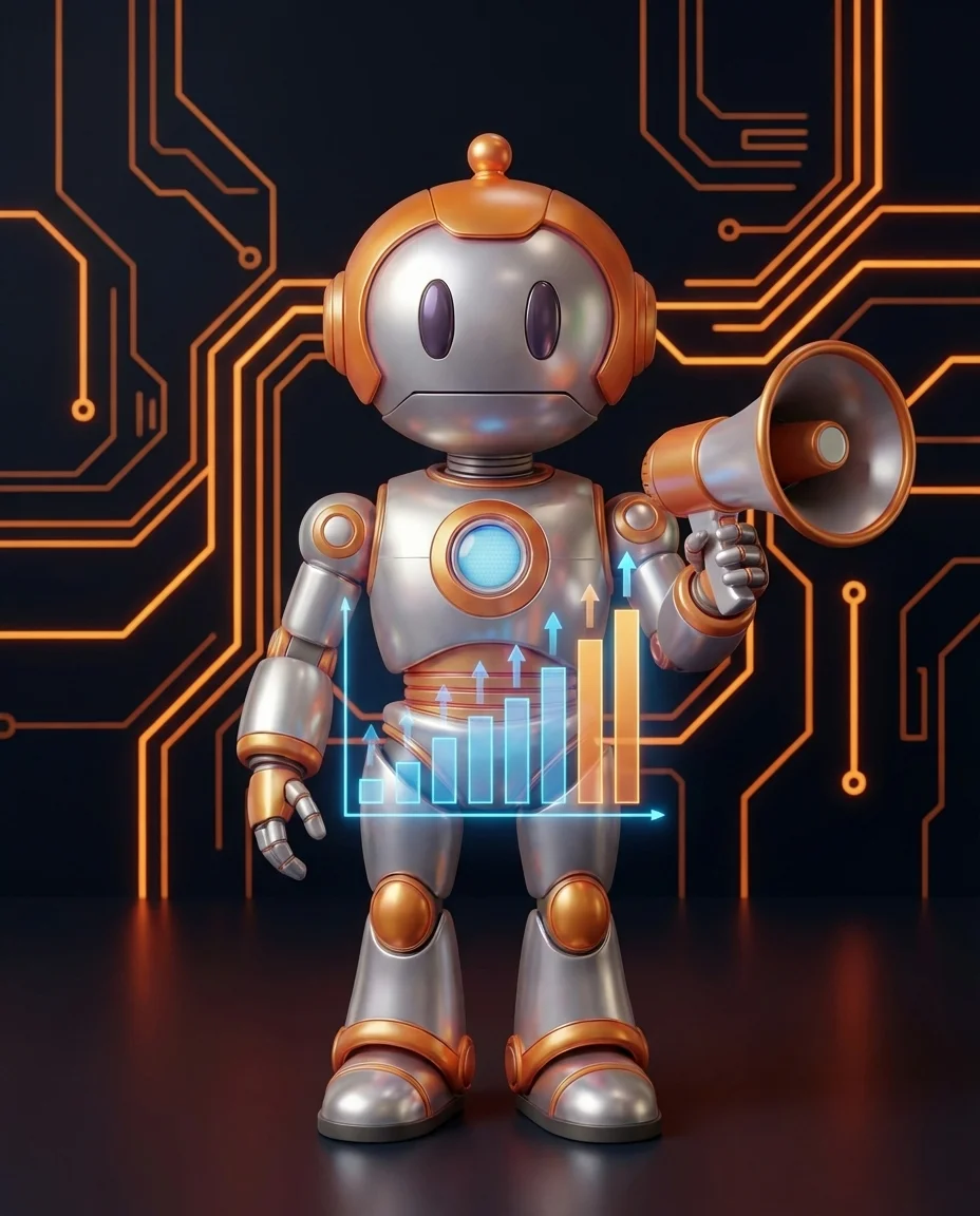 Robot zeigt auf Whiteboard mit verschiedenen Marketing-Kanälen und Pfeilen