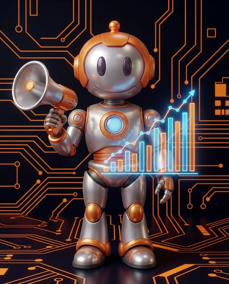 Robot zeigt auf ein Code-Snippet als Marketing-Pixel auf einer Website