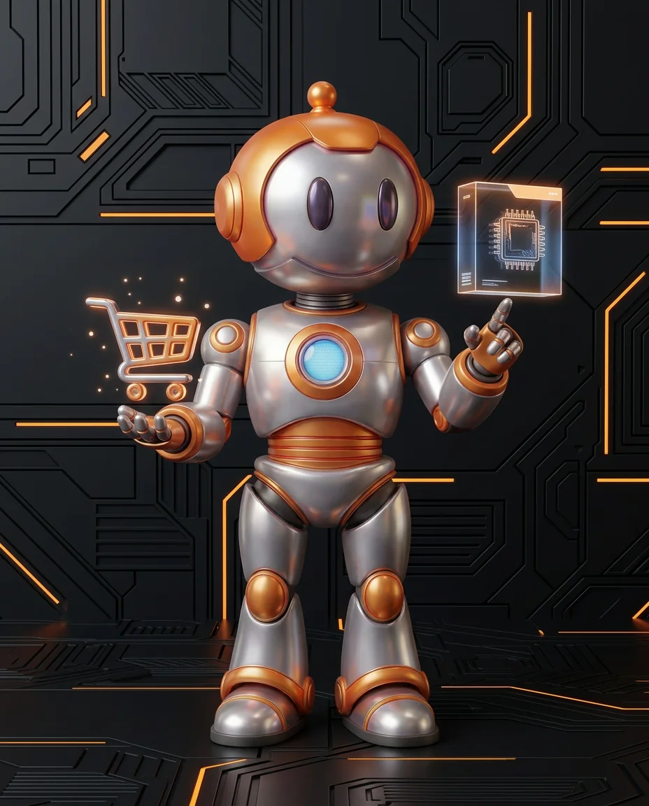 Robot hält Einkaufswagen auf einer Plattform mit mehreren Händler-Symbolen