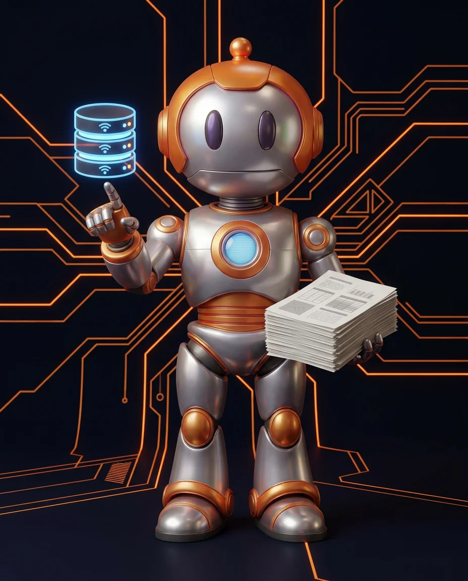 Robot hält Preisschild mit Bestandsformel und Alarmsymbol für Meldebestand