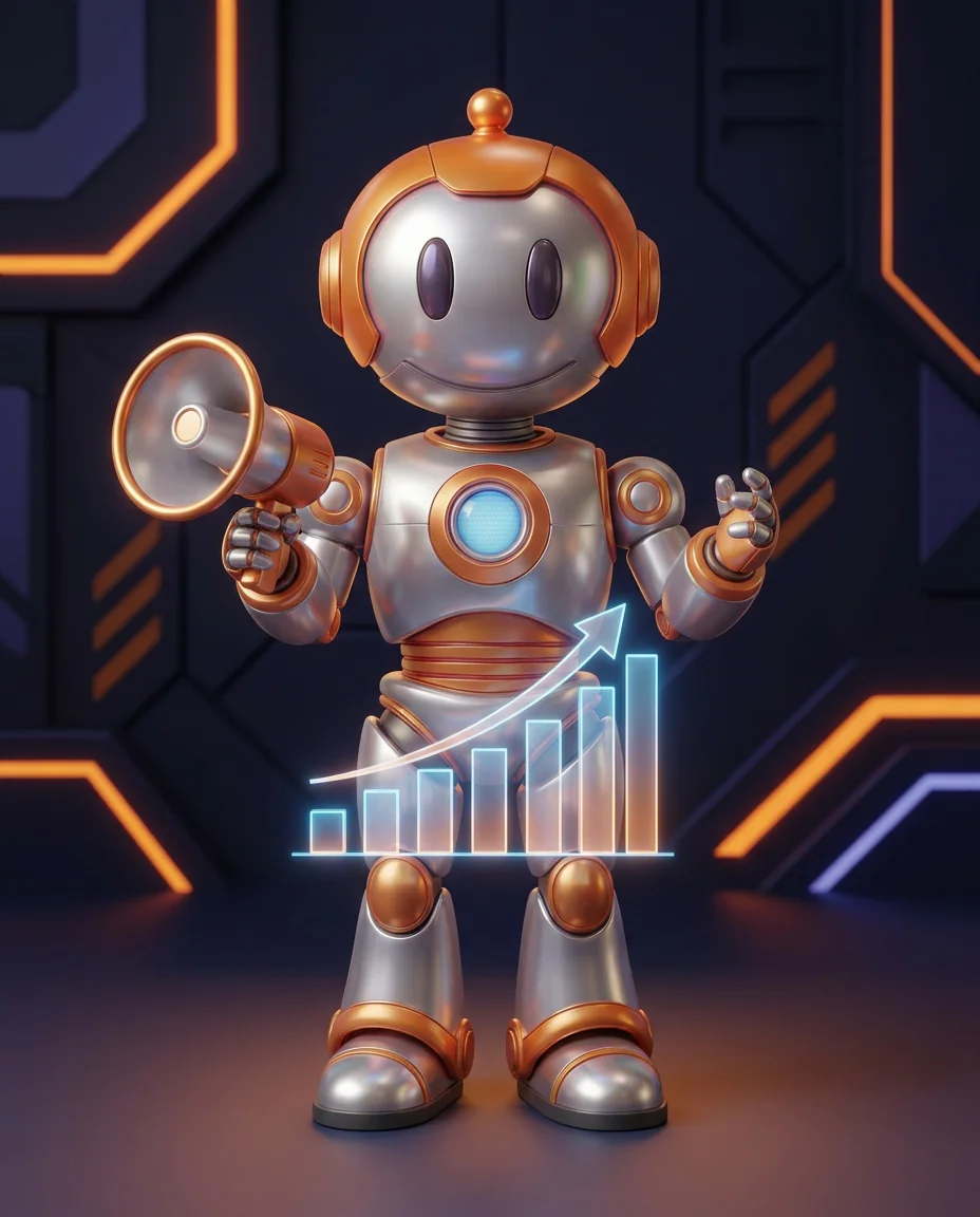 Robot zeigt auf Trichter mit kleinen Schritten als Micro-Conversion-Darstellung