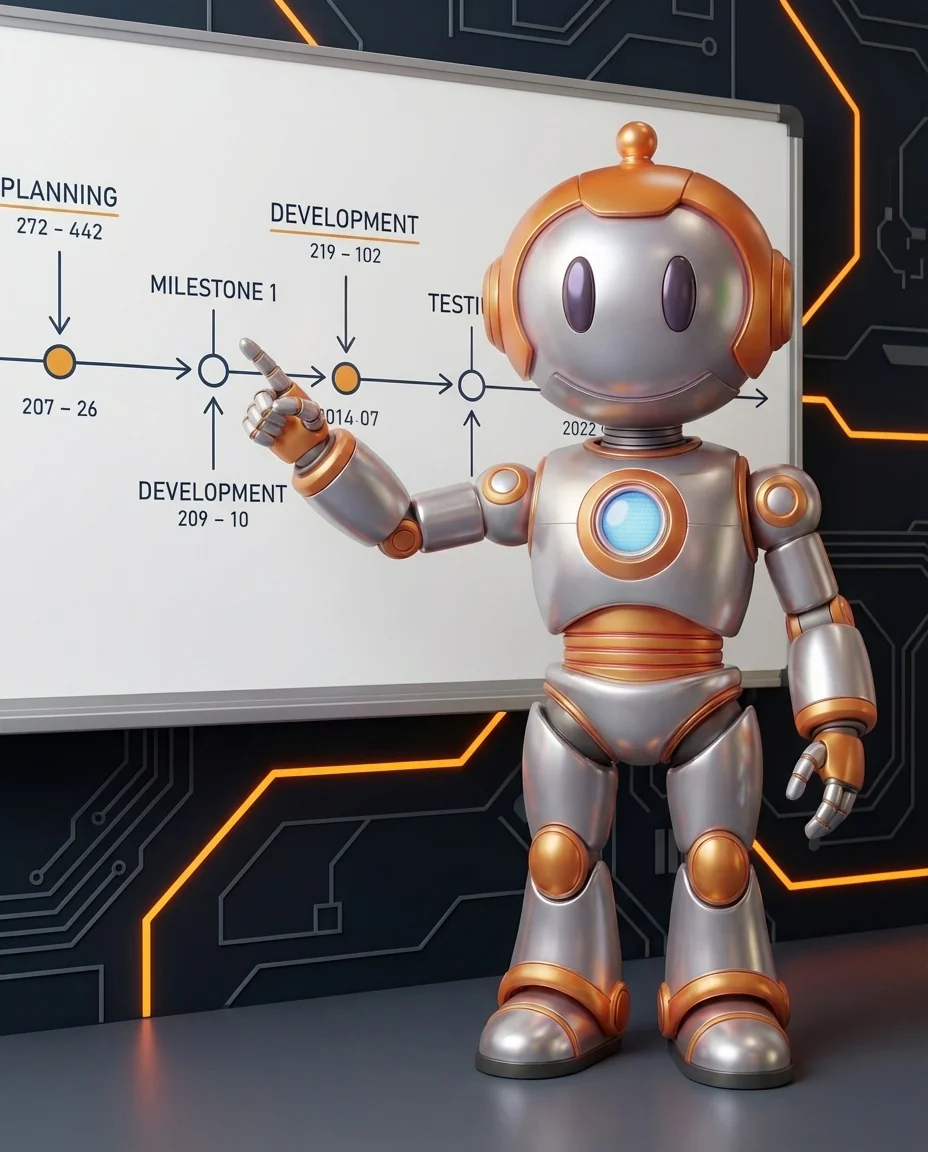 Robot zeigt auf kleinen animierten Like-Button mit Herzanimation als Microinteraction