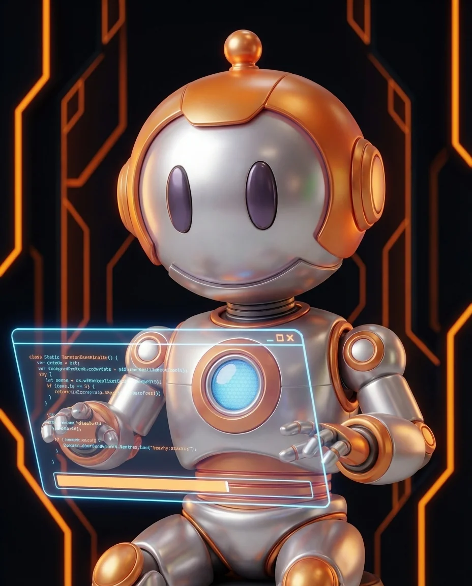 Robot tippt auf Tastatur mit vernetzten kleinen Würfeln als Microservice-Darstellung