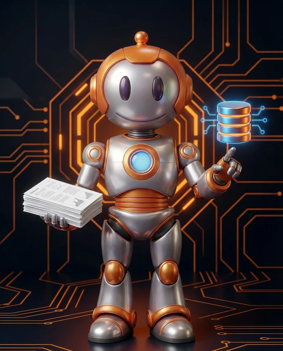 Robot zeigt auf Datenbankserver mit Bestandsanzeige und Warnsymbol bei Mindestbestand