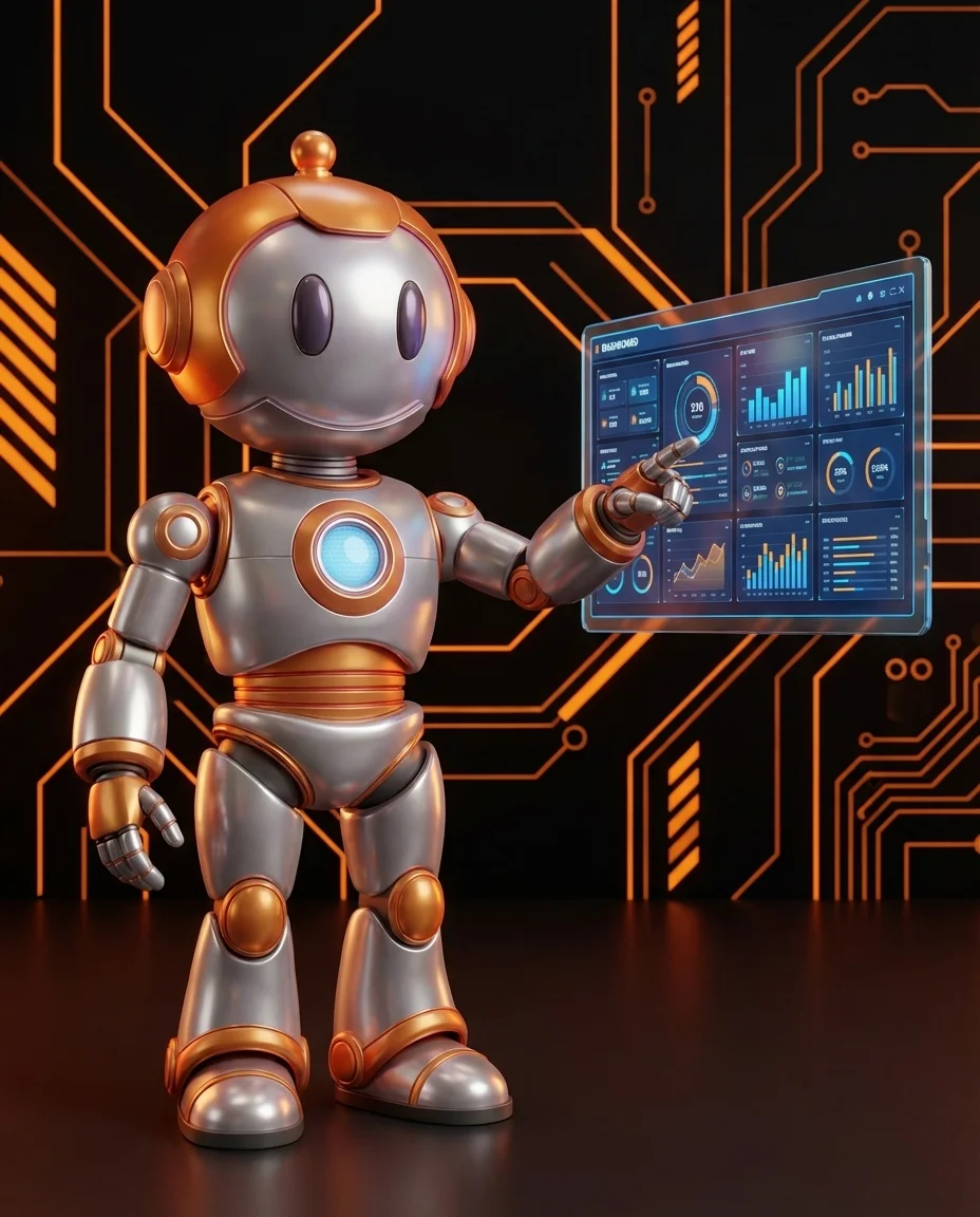 Robot zeigt auf Einkaufswagen mit Mindestbetrags-Anzeige und Aufwärtspfeil