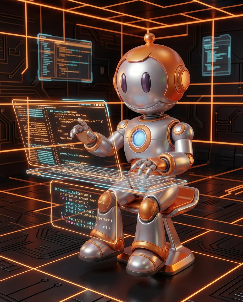 Robot mit Laptop zeigt auf minimierten Code-Block