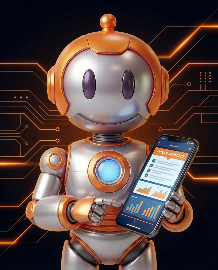 Robot hält Smartphone und prüft Mobile-Optimierung einer Website