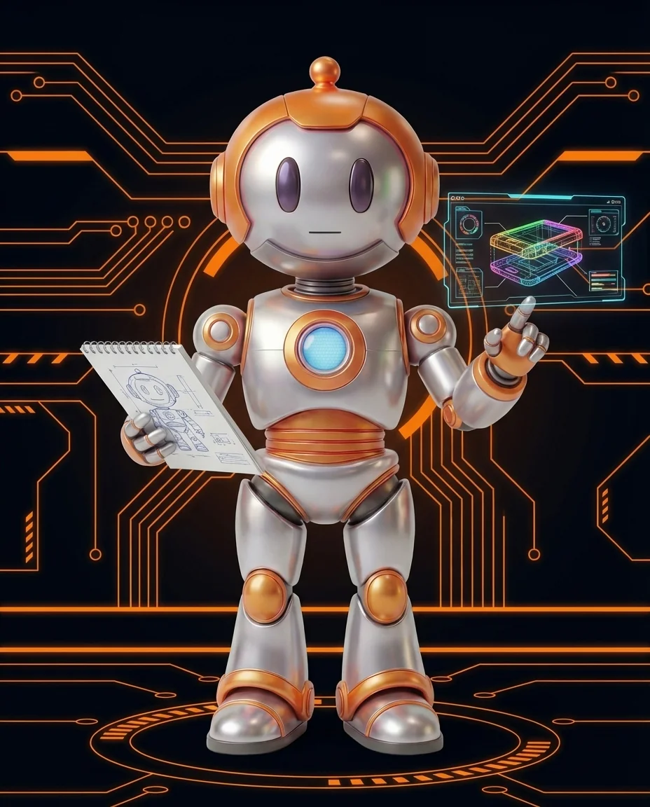 Robot hält Skizze und Farbpalette für Website-Mockup-Darstellung