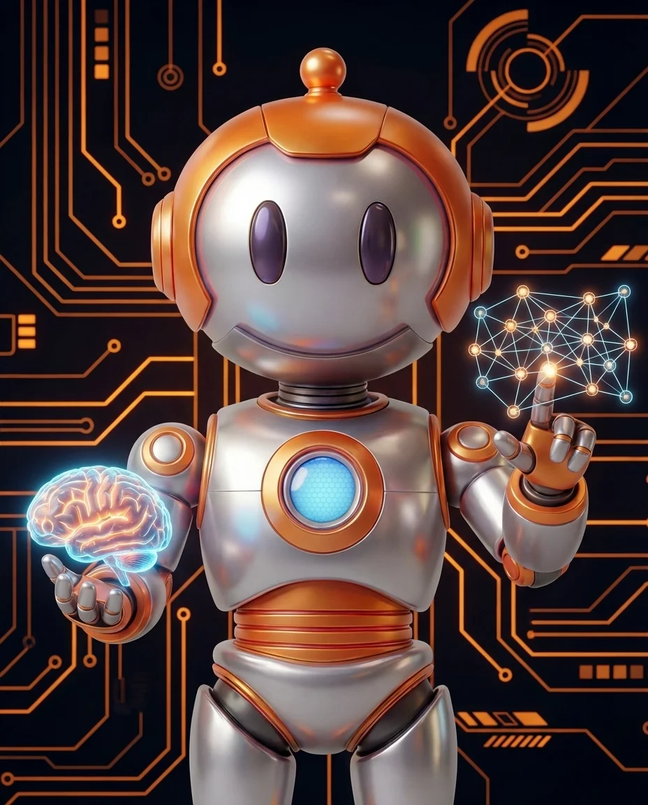 Robot hält leuchtendes Gehirn-Symbol das in ein kleineres Symbol destilliert wird