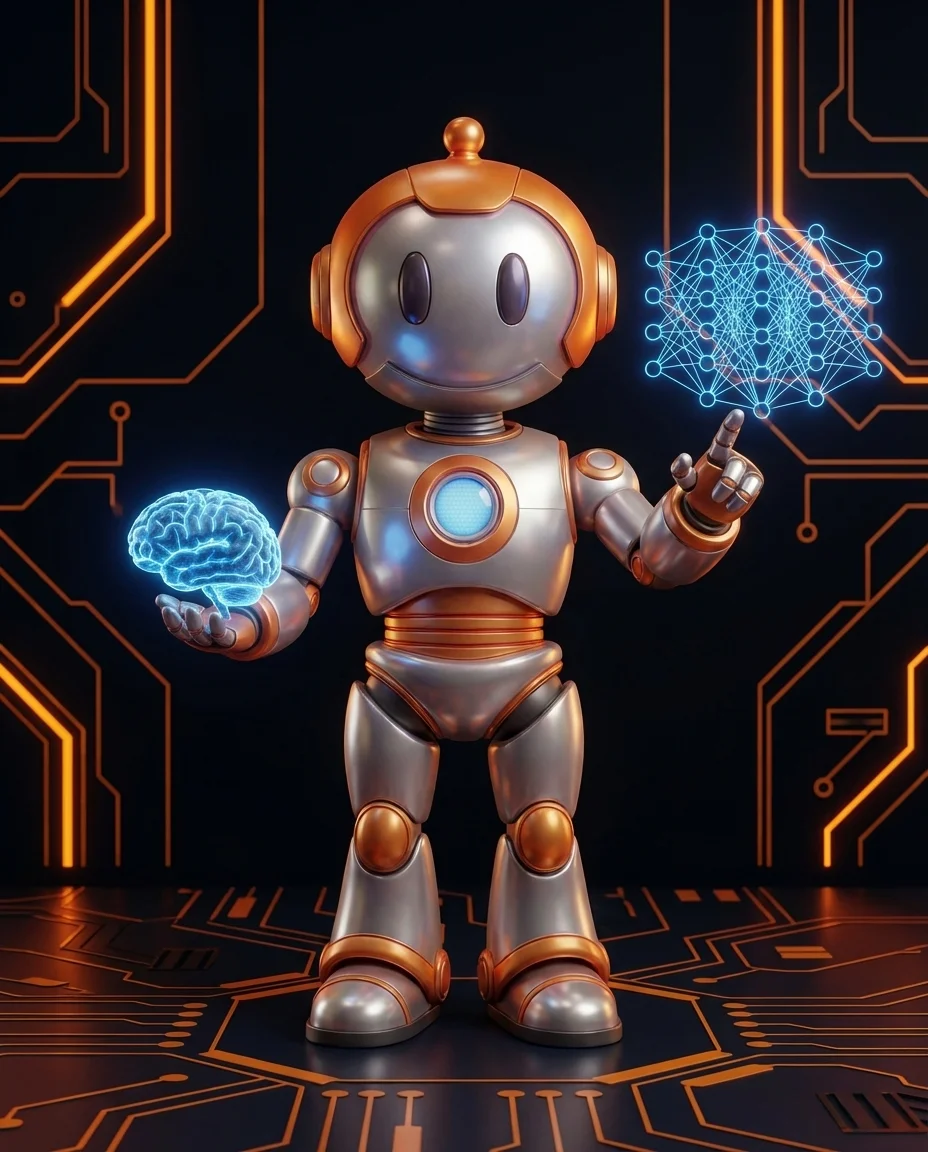 Robot hält leuchtendes Neural-Network-Diagramm mit verschiedenen Verbindungspunkten