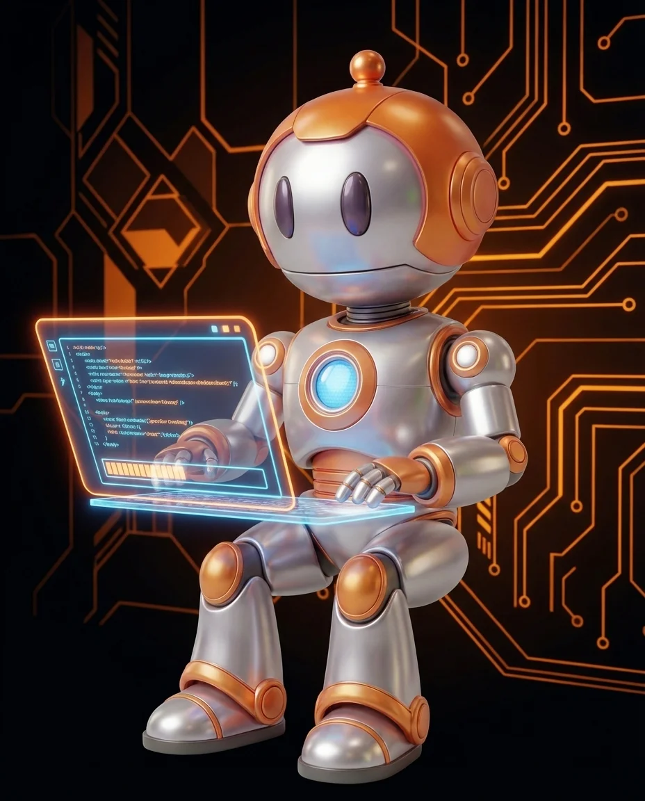 Robot hält Datenbankserver mit Echtzeit-Graphen und Alarmlampe als Monitoring-Symbol