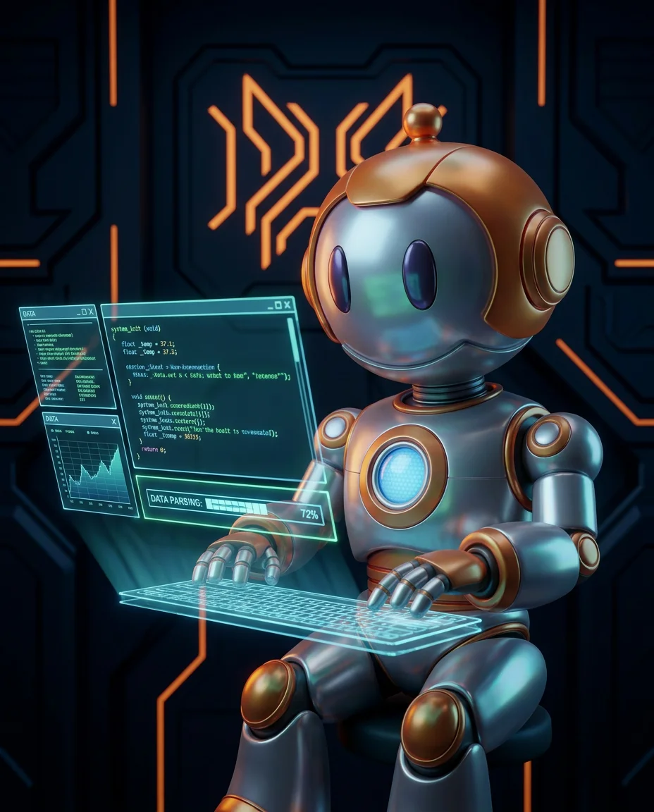 Robot hält großen einzelnen Würfel als Monolith-Symbol neben kleineren Einzelteilen