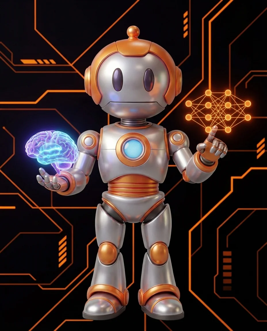 Robot hält leuchtendes Gehirn-Symbol umgeben von Text-, Bild- und Audio-Symbolen