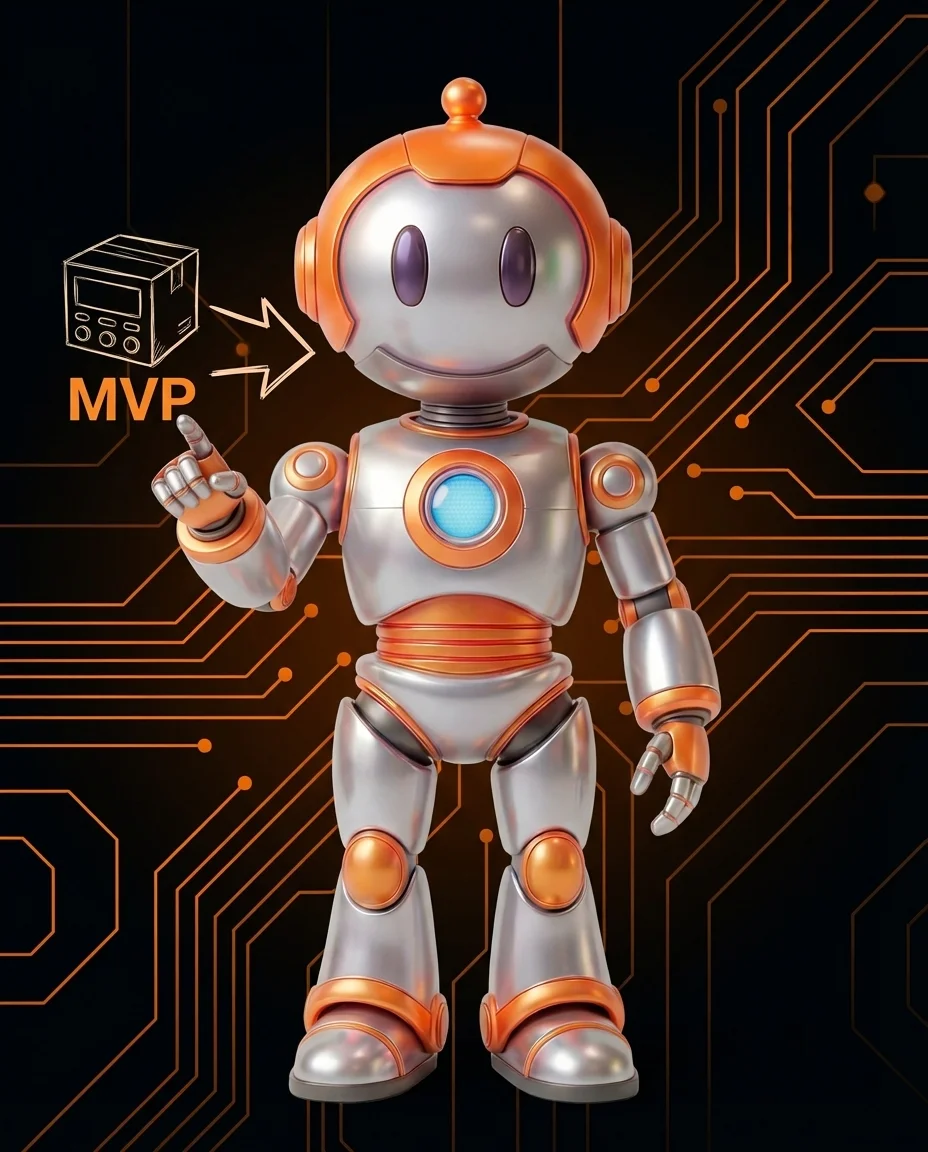 Roboter zeigt auf MVP Entwicklungsprozess von Idee zu Produkt